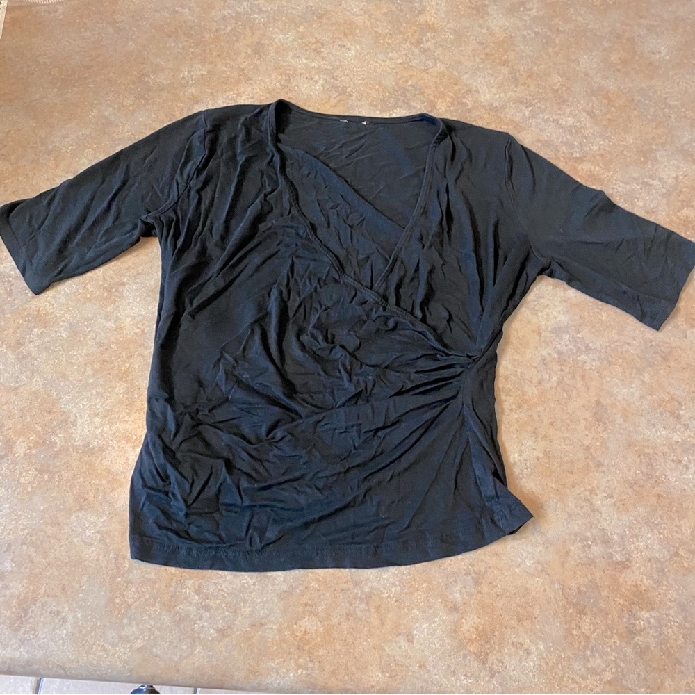 Basic Black Wrap Shirt Nice Stretchy 3/4 Length Sleeve Work Wear Blouse V Neck